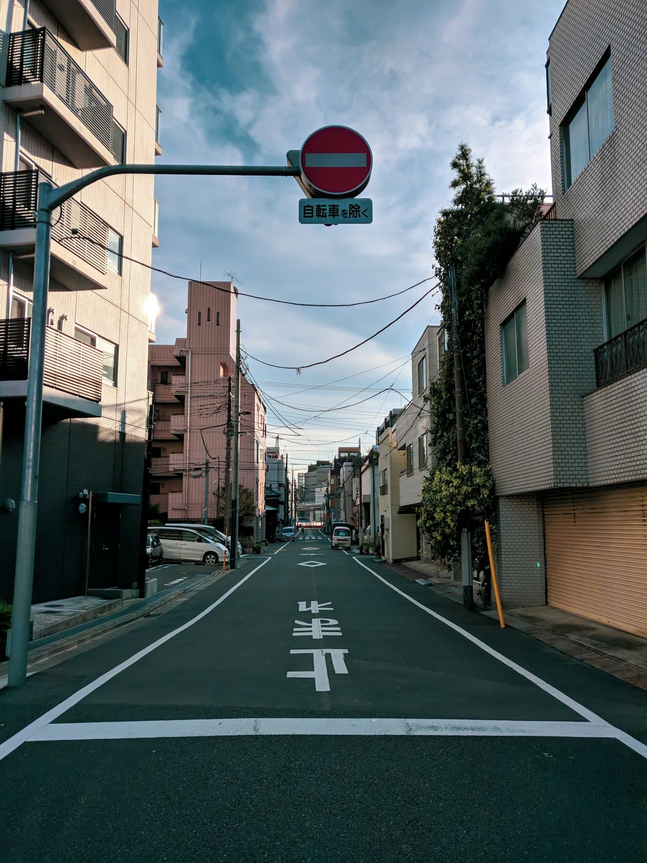 お店のある、木々と空の明るい住宅街の通り