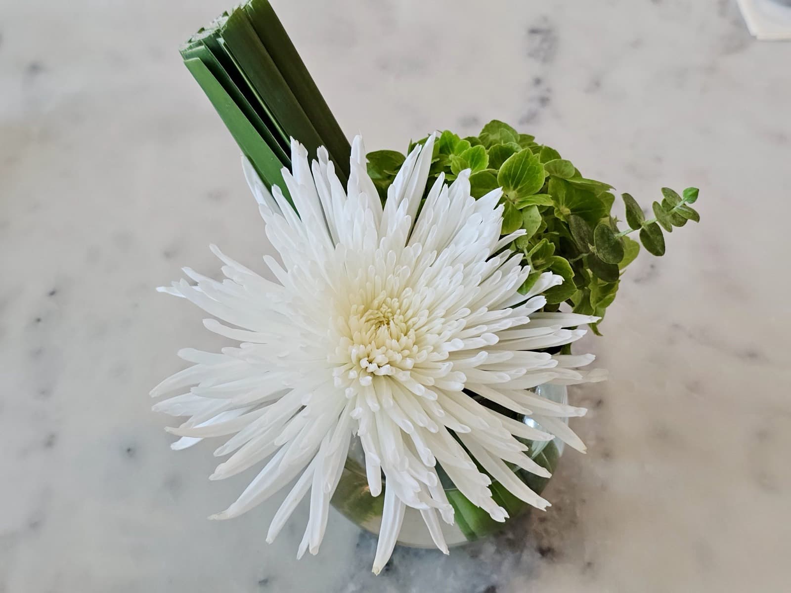 白い菊を生けた小さなしつらえ